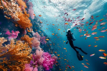 a diver exploring a vibrant coral reef with colorful fish