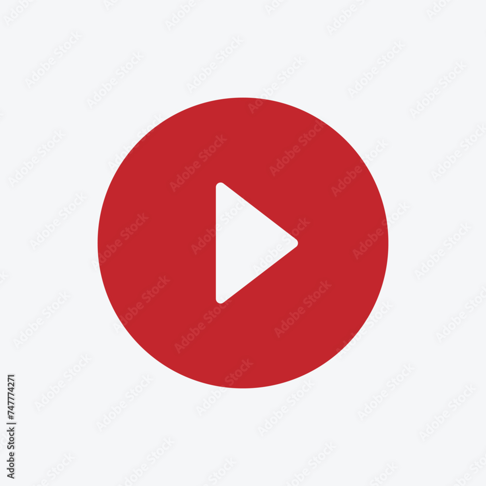 Poster red play button. vector icon isolated on grey background. trendy circle play button icon in flat sty