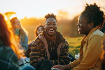 group of diverse friends picnic in a park at sunset