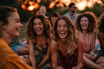Fototapeta premium group of diverse friends picnic in a park at sunset