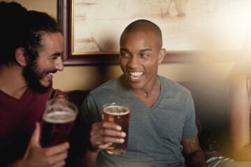 Talking, happy friends and drinking beer in pub at party, celebration and laughing at funny joke together at club. Smile, diverse group and people with alcohol in glass at bar for social gathering