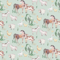 Watercolor seamless pattern with cute farm animals with goat, horse, goose and cow. chicken, sheep and pig domestic animal illustration. - 747774416