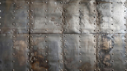 Close-up of battered sheet metal with evenly spaced rivets background - obrazy, fototapety, plakaty