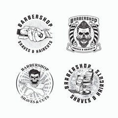 Set of vintage labels illustration for barbershop. Vector badge logo design concept. Black color on white background
