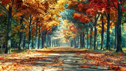 Foto op Canvas Autumn Season in Nature, Bright Yellow and Red Foliage in a Park, Scenic Landscape and Environmental Beauty, Light and Colorful Outdoor Scene © NURA ALAM