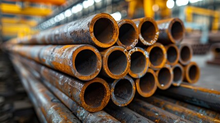 stack of rusty old steel pipes in a metallurgical plant factory - obrazy, fototapety, plakaty
