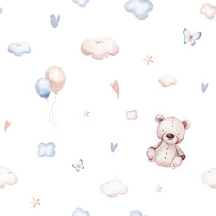 Seamlesss pattern with cartoon clouds, magic baby bear bunny toys and cow. Watercolor hand drawn illustration with white background - 747774856