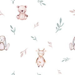 Seamlesss pattern with cartoon clouds, magic baby bear bunny toys and cow. Watercolor hand drawn illustration with white background - 747774857