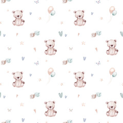 Seamlesss pattern with cartoon clouds, magic baby bear bunny toys and cow. Watercolor hand drawn illustration with white background - 747774859