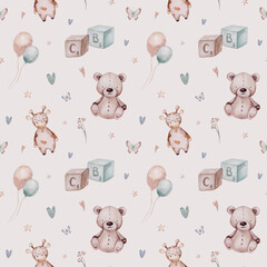 Seamlesss pattern with cartoon clouds, magic baby bear bunny toys and cow. Watercolor hand drawn illustration with white background - 747774860