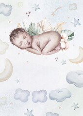 Watercolor newborn Baby Shower greeting card with babies boy girl. Birthday baby shower of new born baby - 747774863
