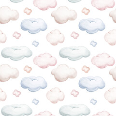 Seamlesss pattern with cartoon clouds, magic baby bear bunny toys and cow. Watercolor hand drawn illustration with white background - 747774865