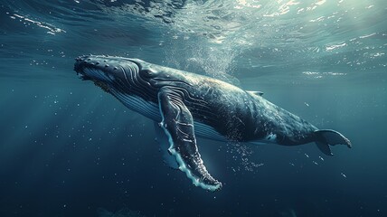 A majestic humpback whale gliding through the sunlit underwater world, showcasing the beauty and grace of marine life.