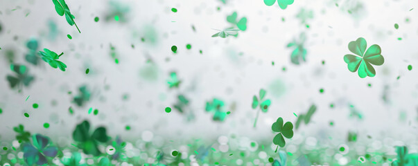 Fototapeta na wymiar Green Clovers or Shamrocks and confetti white Background for St. Patrick's Day Holiday