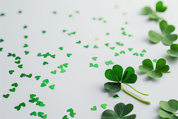 Green Clovers or Shamrocks and confetti white Background for St. Patrick's Day Holiday