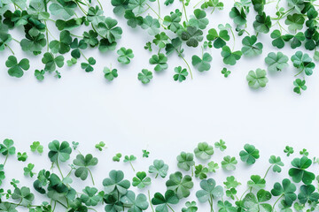 Green Clovers or Shamrocks and confetti white Background for St. Patrick's Day Holiday