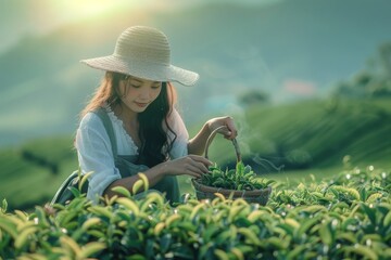 woman harvests tea leaves at a tea plantation