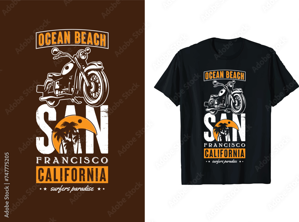 Wall mural California Beach San Francisco Surfers Paradise vintage motorcycle t shirt design vector graphic illustration. custom motorcycle tees designs.