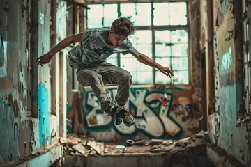 Fototapeta na wymiar young man parkour in an abandoned industrial building