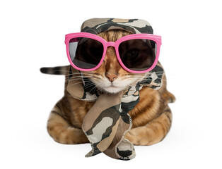 Funny cat wearing pink glasses and a summer scarf