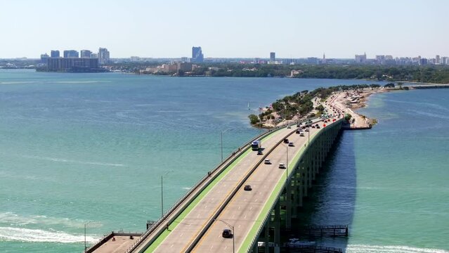 Aerial parallax stock footage Miami Key Biscayne Bridge 4k