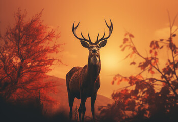 Red deer in the forest at dusk at sunset. Beautiful horned deer in orange light of the setting sun.