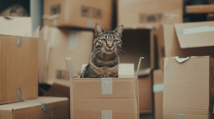 Fototapeta premium A cat is perched atop a cardboard box, observing its surroundings with curiosity and alertness