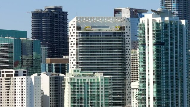Aerial narrow 7x zoom Brickell Miami wall of buildings