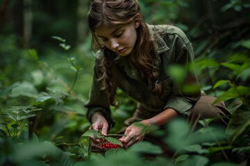 young woman harvesting wild berries from a lush green forest floor