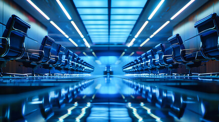 Sci-Fi Corridor, Futuristic Architecture, Modern Design in Blue Light, Space Station or Ship Interior Concept