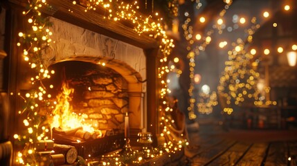 A fireplace in a room adorned with multiple strings of lights creating a warm and cozy atmosphere