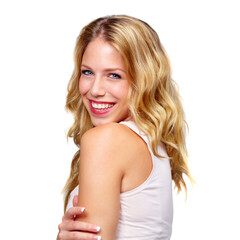 Smile, hair care or portrait of happy woman in studio for keratin growth or healthy natural shine....
