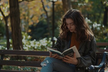 young woman reading a book on a park bench