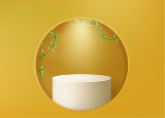 Podium on yellow background with round window. Vector realistic illustration of white cylinder platform for product presentation, color backdrop decorated with green plant, natural cosmetic display
