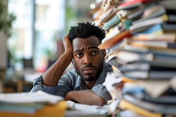 Young adult African American man in an office, overwhelmed by a mountains of paperwork - Powered by Adobe