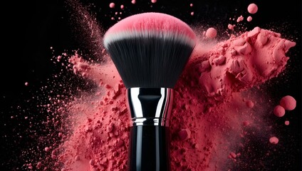 Dramatic and visually striking, a makeup brush impacts a vibrant pink powder cloud against a dark background