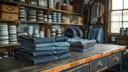 fashionable clothes. pile of jeans with workshop on background. - obrazy, fototapety, plakaty