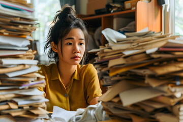 Asian woman in an office, overwhelmed by a mountains of paperwork