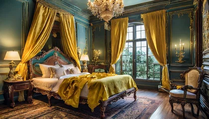 Fotobehang Ornate bed with yellow canopy and sheets in a cozy, dimly lit room with antique charm, Ai Generate  © Yasir