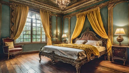 Ornate bed with yellow canopy and sheets in a cozy, dimly lit room with antique charm, Ai Generate  - obrazy, fototapety, plakaty
