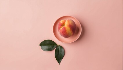 An appetizing ripe peach on a pastel ceramic dish with green leaves, perfect for summer freshness themes
