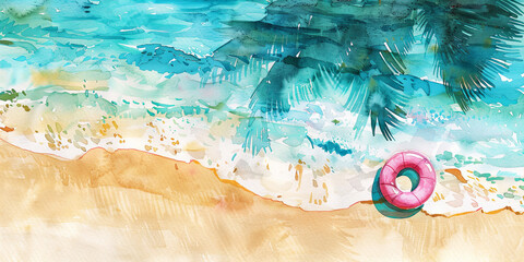 Summer vacation. Empty sandy beach and sea. Watercolor banner.