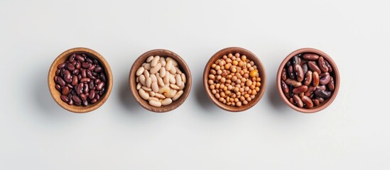 Wooden spoons holding five different types of beans are arranged on a plain white background. The beans include kidney beans, black beans, chickpeas, lentils, and pinto beans. - obrazy, fototapety, plakaty