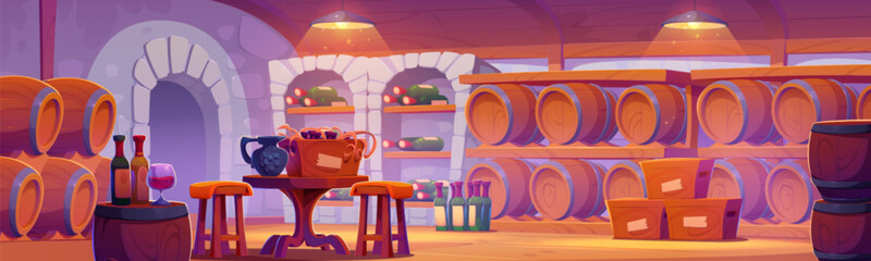 Wine cellar interior for grape drink storage and tasting. Cartoon basement room with glass bottles in rack, wooden barrels on shelf, bottles in box and jug on table, hair and glass with alcohol drink.