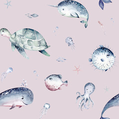 Watercolor seamless pattern with underwater world Bright fish, whale, shark dolphin starfish animals. Jellyfish seashells. Sea and ocean fish life background - 747778027