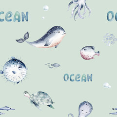 Watercolor seamless pattern with underwater world Bright fish, whale, shark dolphin starfish animals. Jellyfish seashells. Sea and ocean fish life background - 747778040