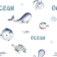 Watercolor seamless pattern with underwater world Bright fish, whale, shark dolphin starfish animals. Jellyfish seashells. Sea and ocean fish life background - 747778043