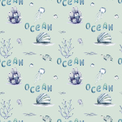 Watercolor seamless pattern with underwater world Bright fish, whale, shark dolphin starfish animals. Jellyfish seashells. Sea and ocean fish life background - 747778049