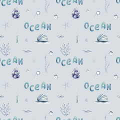 Watercolor seamless pattern with underwater world Bright fish, whale, shark dolphin starfish animals. Jellyfish seashells. Sea and ocean fish life background - 747778051