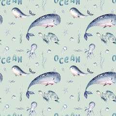 Watercolor seamless pattern with underwater world Bright fish, whale, shark dolphin starfish animals. Jellyfish seashells. Sea and ocean fish life background - 747778067